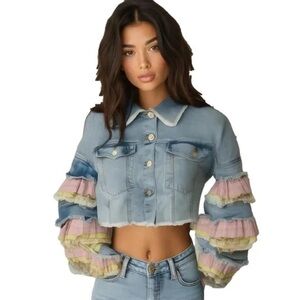 NWT Akira Romantic Ruffle Light Denim Jacket Size XL